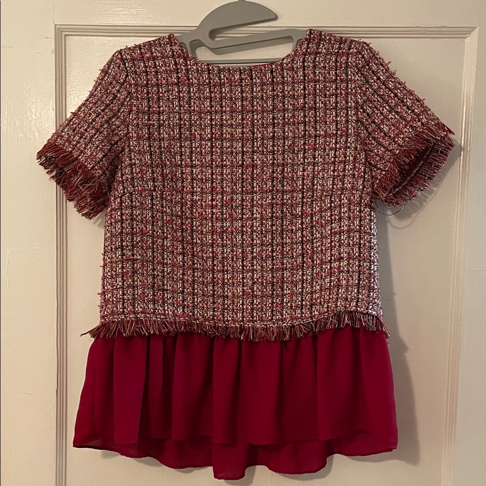 Jade Red Tweed Top with Chiffon Hem